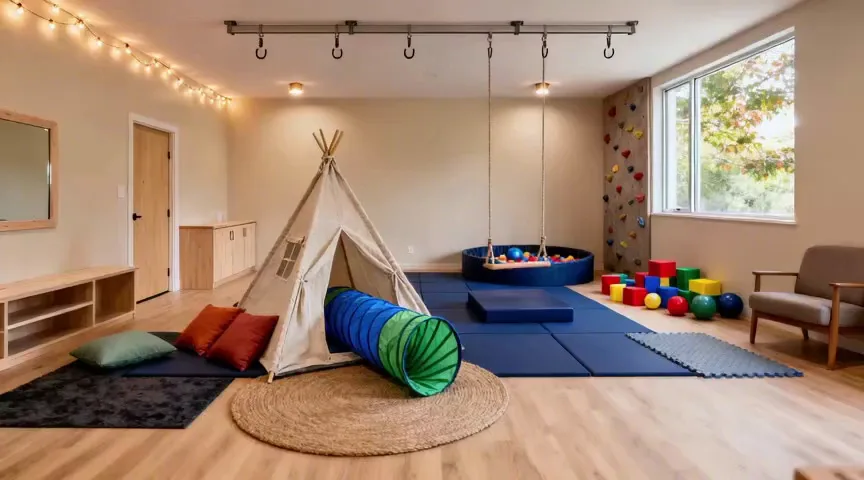 Sala sensorial ilustrativa, com cabana, balanços, tatames e luz natural