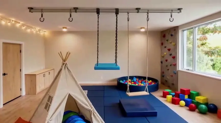 Balanços e materiais em uma sala sensorial ilustrativa